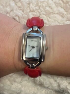 Vintage Gucci Replica Silver Watch with Red Leather bangle design straps.
